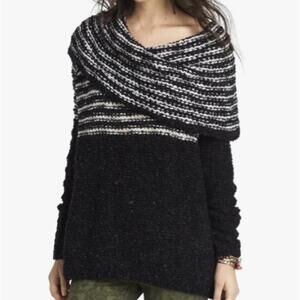 Free People Engineer Black & White Stripe Wool Cowl Neck Sweater - Size - Medium